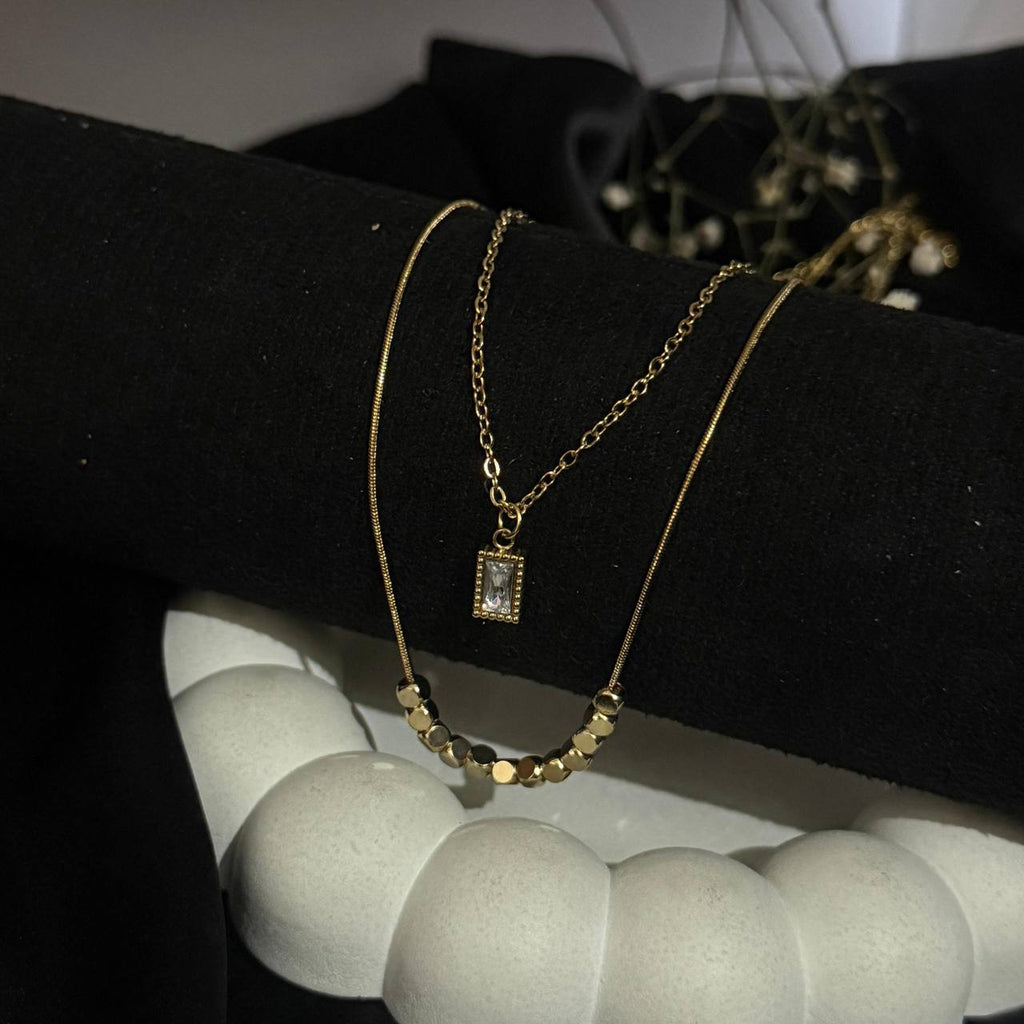 Layered Gold Necklace Set with Crystal & Bead Details
