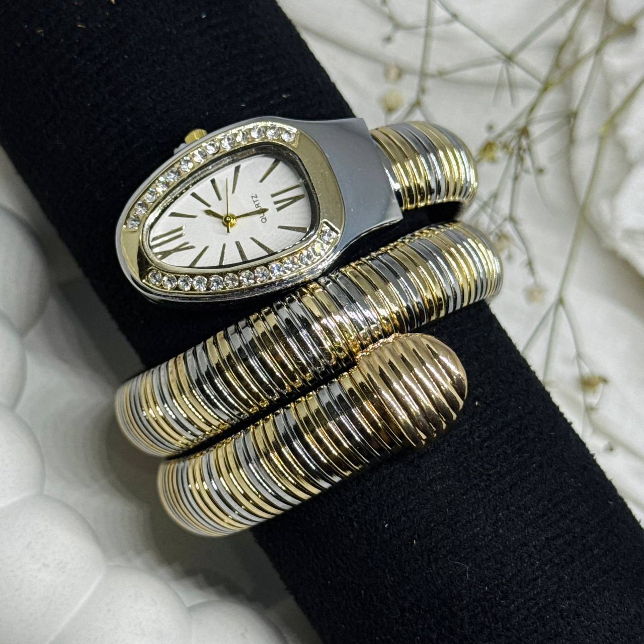 Silver-Gold Elegance Coil Bracelet Watch