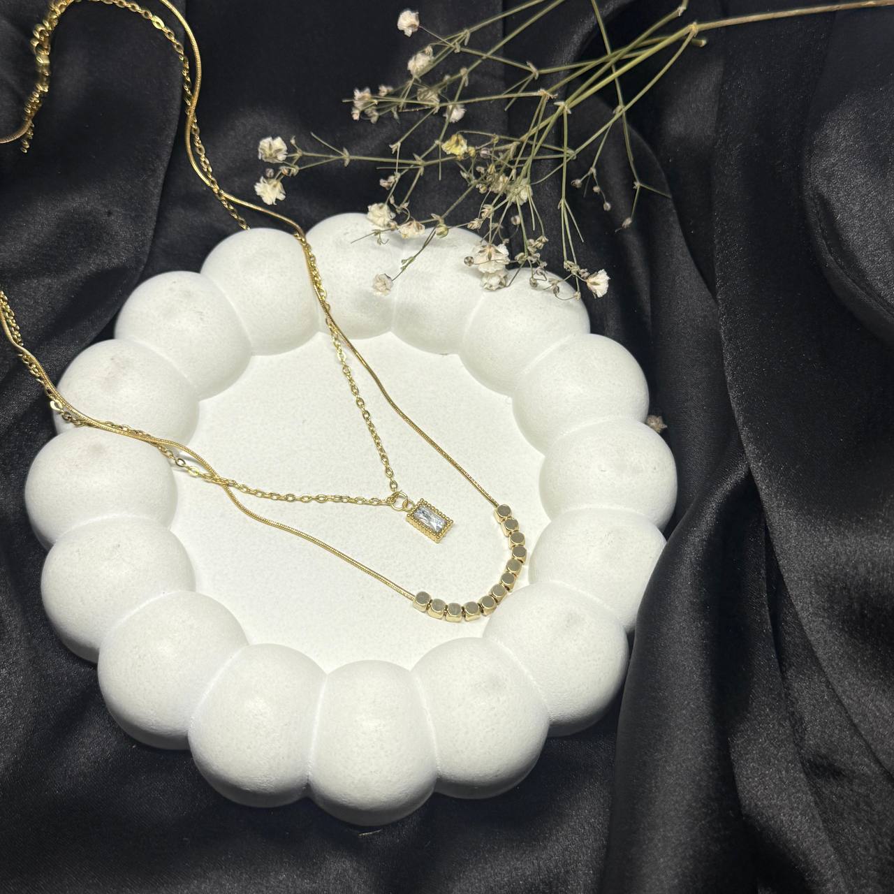 Layered Gold Necklace Set with Crystal & Bead Details