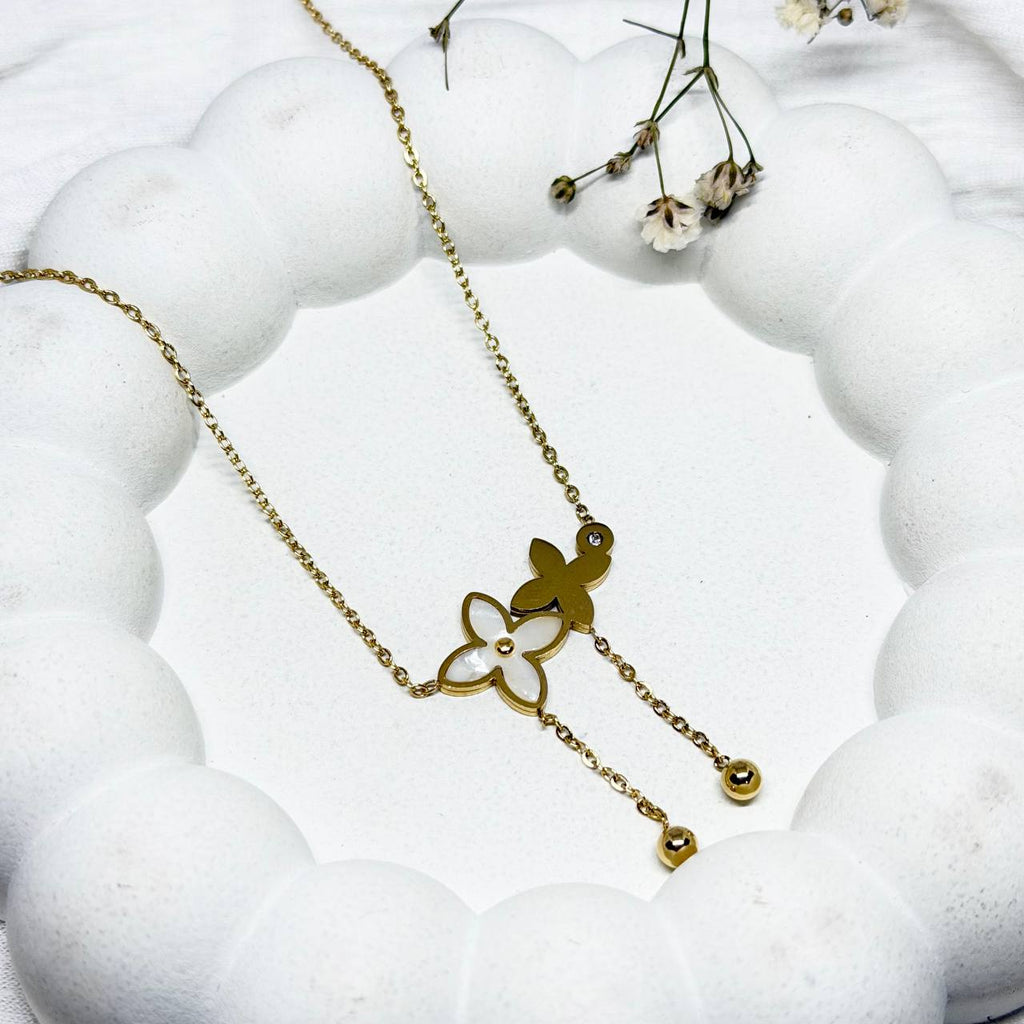 Floral Butterfly Drop Gold Necklace
