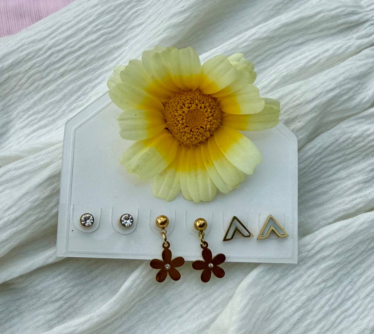 Gold Floral Drop and Triangle Studs