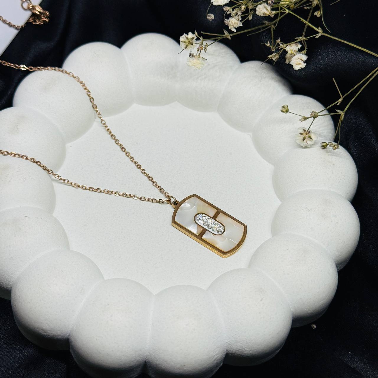 Luxe Crystal Bar Shield Necklace (Gold & Pearl Tone)