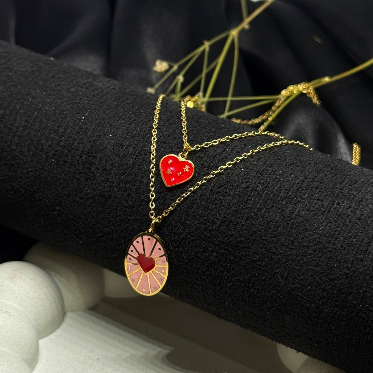 Dual Heart Enamel Romance Necklace