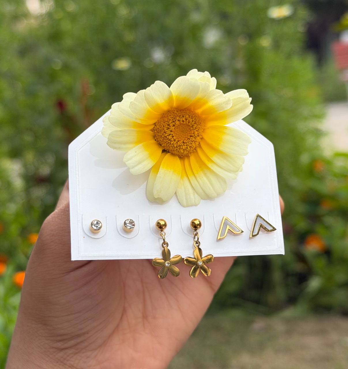 Gold Floral Drop and Triangle Studs