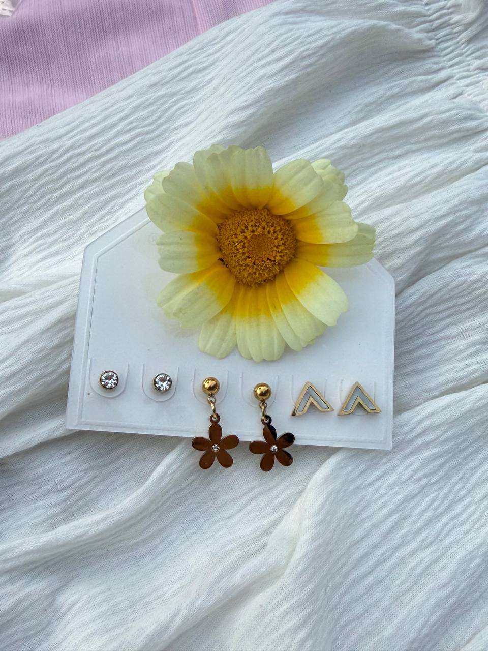 Gold Floral Drop and Triangle Studs