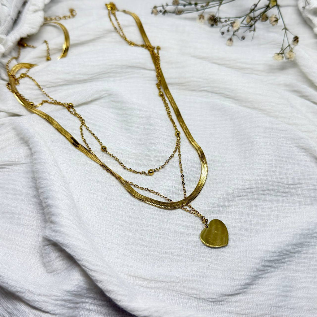 Layered Heart Charm Gold Necklace